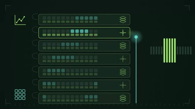Abstract animated decoder stack producing the next token drawn as green and teal lines and shapes on a deep dark background. Seamless looping 4K motion graphics video with free space for text, ideal f