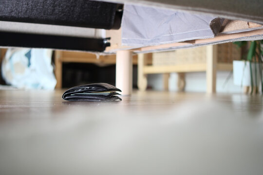 wallet under living room furniture. lost item concept 