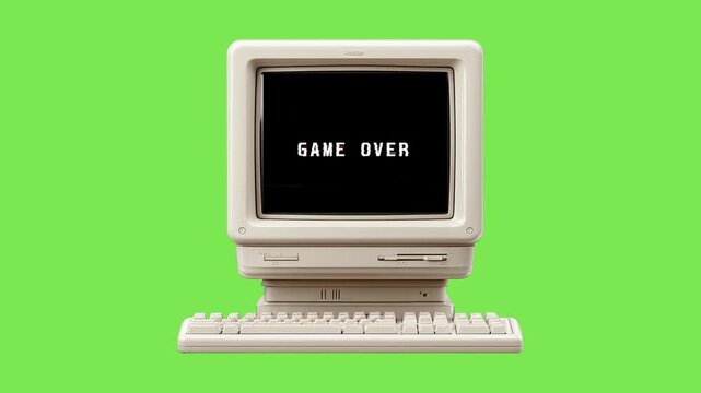 A vintage computer with a monochrome monitor displays 'GAME OVER' against a vibrant green background, an icon of retro gaming and digital nostalgia