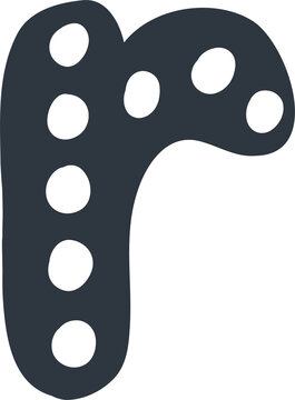 Cute Halloween letter R clipart, doodle black lowercase letter R with white polka dots isolated on white background.