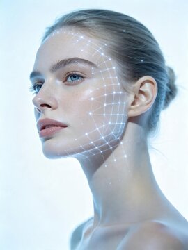 Blue digital skin analysis technology on female face