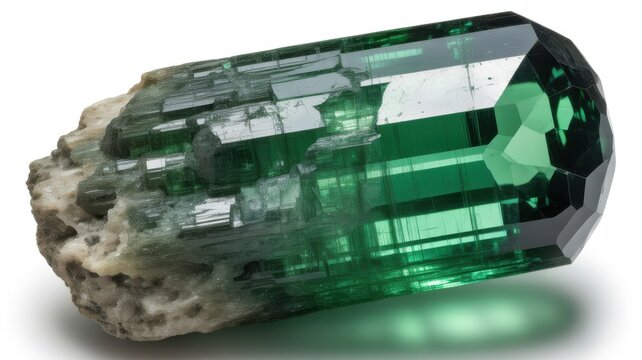 Green tourmaline crystal mineral specimen isolated on white background