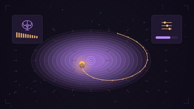 Abstract animated optimiser descending a loss landscape drawn as violet and blue lines and shapes on a deep dark background. Seamless looping 4K motion graphics video with free space for text, ideal f