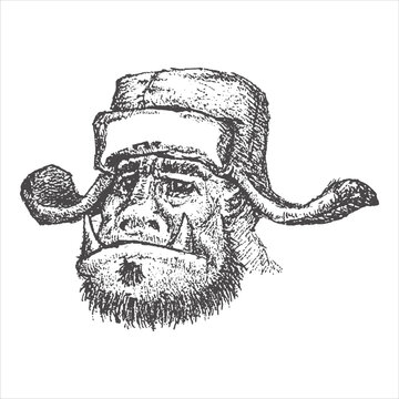 Stylized primate creature wearing winter ushanka hat