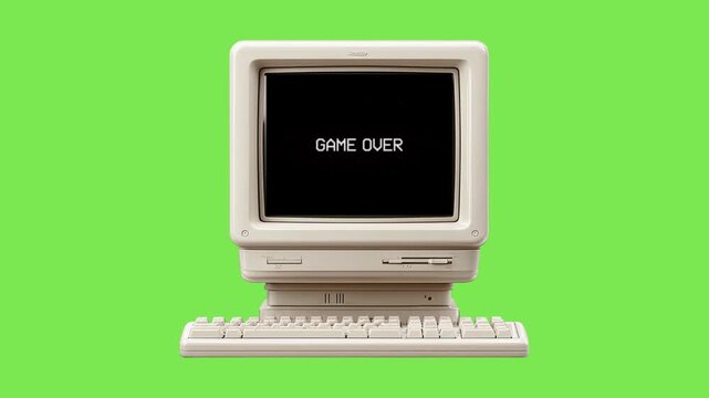 A nostalgic journey back to classic digital gaming, featuring a vintage personal computing system displaying the iconic 'GAME OVER' message, symbolizing retro challenge
