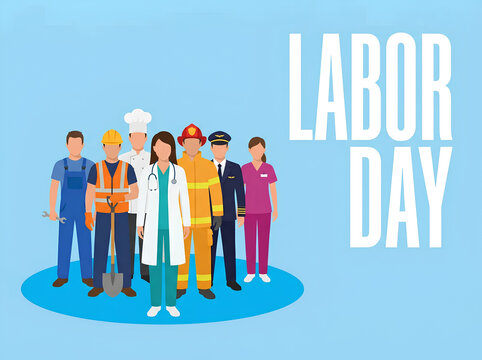 Diverse essential workers standing together for Labor Day vector