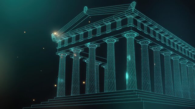 Digital wireframe rendering of an ancient Greek or Roman temple with glowing columns, symbolizing technology, history, and classical architecture in a futuristic context.