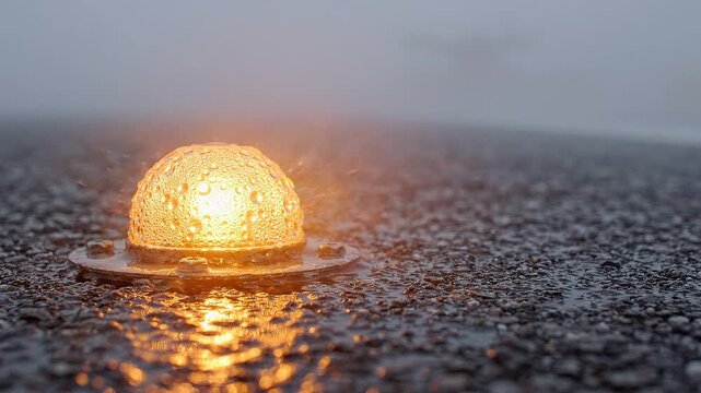 Glowing road reflector steaming in rain on wet asphalt, illustrating roadway safety, visibility, hazard awareness, and transportation infrastructure