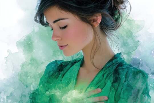 Young woman meditating with glowing green heart chakra energy in a peaceful state.
