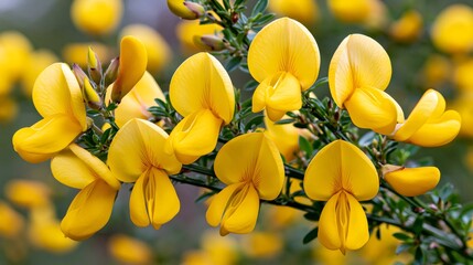 Fototapeta premium Yellow gorse flowers blooming on a green branch
