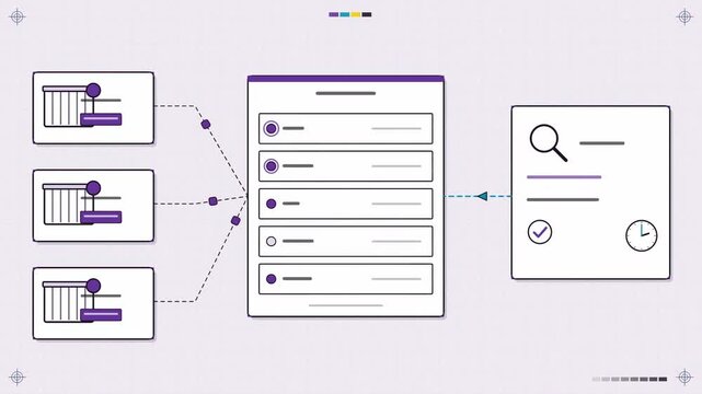 Abstract animated services registering and finding each other drawn as violet and blue lines and shapes on a bright, clean light background. Seamless looping 4K motion graphics video with free space f