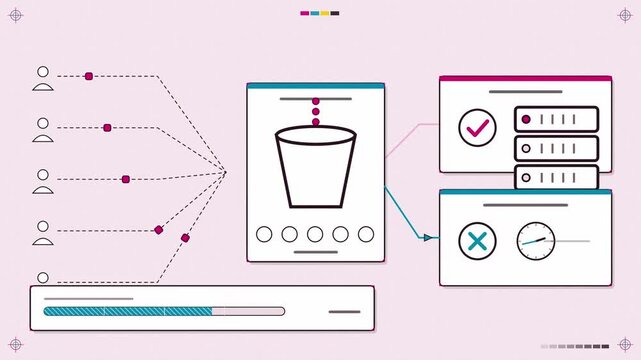 Abstract animated requests throttled by a token bucket limiter drawn as violet and blue lines and shapes on a bright, clean light background. Seamless looping 4K motion graphics video with free space 
