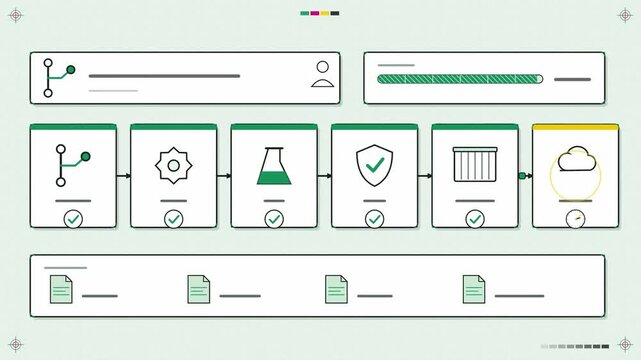Abstract animated code moving through build, test and deploy stages drawn as green and teal lines and shapes on a bright, clean light background. Seamless looping 4K motion graphics video with free sp