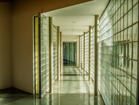 Bright Curved Glass Brick Corridor