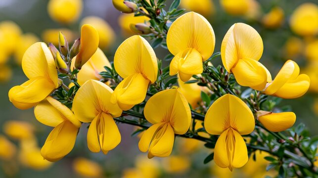 Yellow gorse flowers blooming on a green branch