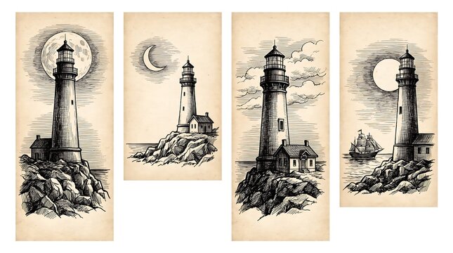 Vintage Lighthouse Postcard Illustration Set