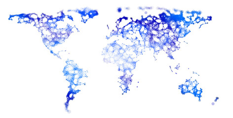 Fototapeta premium Abstract glowing blue world map formed by digital particles and connected data clusters on a white background, representing global network, technology, communication and big data.