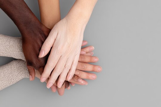 Close-up of diverse hands stacked together in unity and teamwork minimalist concept