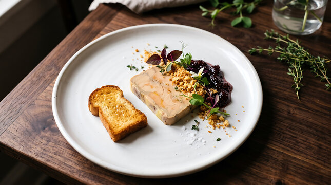 Gourmet foie gras terrine served on a white plate with toasted brioche bread berry compote microgreens crumble and sea salt on dark wood table for fine dining menu