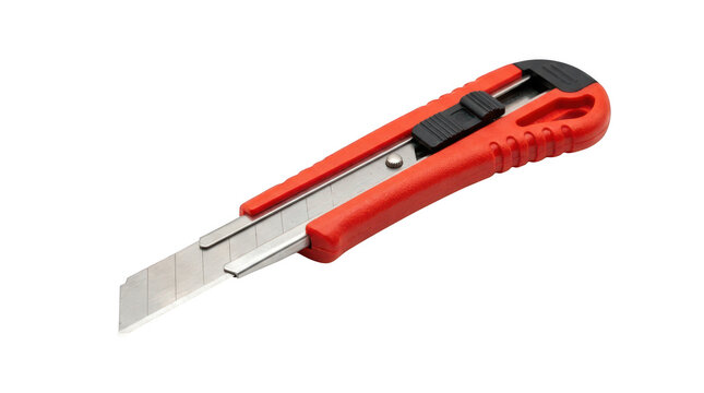 Red utility knife with retractable blade isolated on transparent background