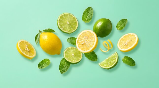 Fresh lemons limes and mint leaves flying on a mint background