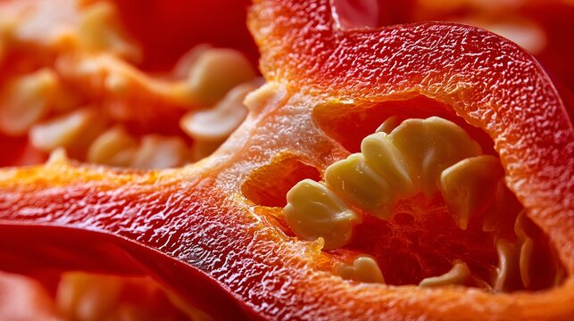 A macro close up highlighting glossy skin, fresh seeds, crisp flesh, and vibrant textures found within sliced capia pepper
