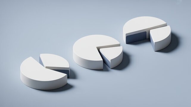 Three 3D pie charts with separated segments on blue background.