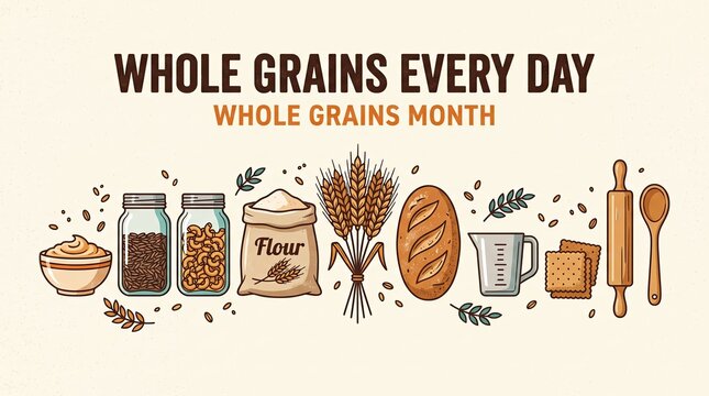 Whole Grains Every Day Whole Grains Month banner with bakery items and grains