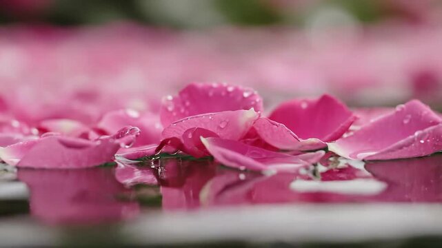 Pink Rose Petals with Water Droplets Floating on Surface
