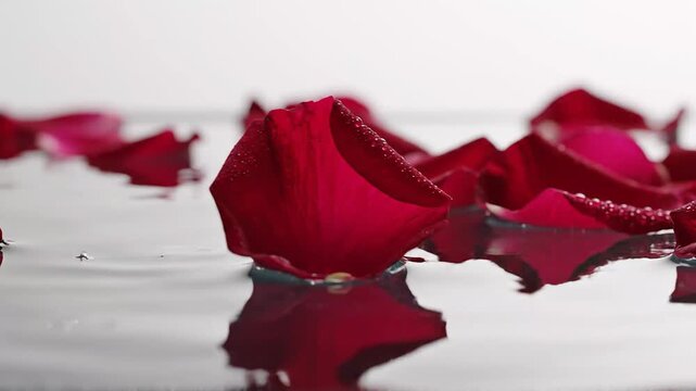 Red Rose Petals Floating on Water with Ripples and Reflections