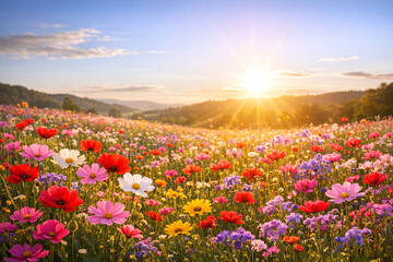 Obraz premium Colorful Flower Field with Sunset