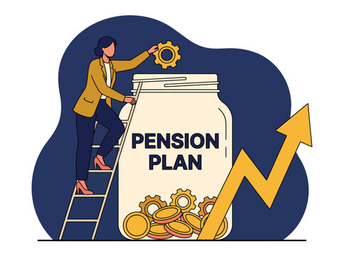 Pension plan savings concept, woman on ladder putting gear in money jar, retirement fund growth vector illustration