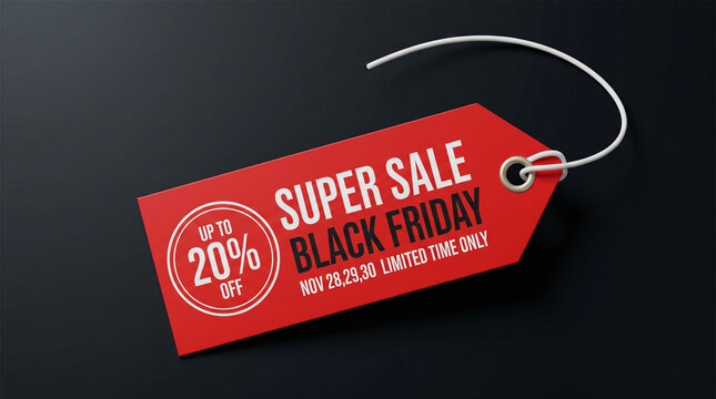 Black Friday Super Sale red price tag, 20 percent off discount label on dark background, retail promotion hanging tag
