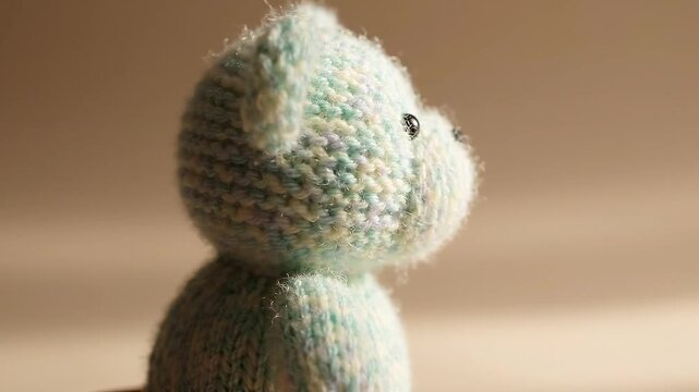 Close view of a knitted teddy bear turning from front to side, showcasing handmade crochet texture, soft toy design, and artisanal craft