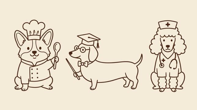 Hand drawn professional dogs set in various occupations with professionals occupations uniforms illustration collection monochrome character dachshund stethoscope education business