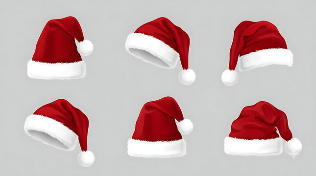Red Santa hats collection, set of 6 festive Christmas headwear icons, velvet winter holiday caps with white fur trim