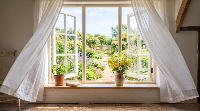 View through an open window with white curtains to a sunny garden.