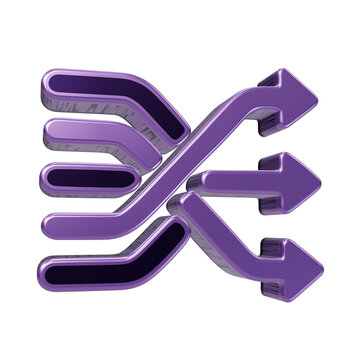 Purple 3D shuffle arrows icon representing routing or data flow with 3D graphic exchange sign network icon direction arrow web design UI icon UX icon routing symbol 3D graphic glossy icon