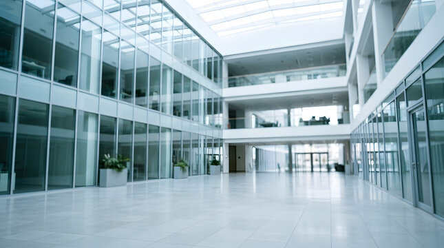 Spacious modern office building atrium with multiple glass-walled floors, abundant natural light from skylight, and large open areas, creating a clean and contemporary interior.