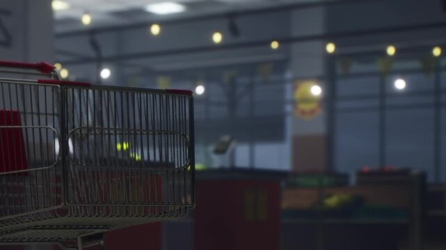 A shopping cart stands still in an empty grocery store. The lights are low, creating a quiet atmosphere. Produce and goods are displayed in the background.
