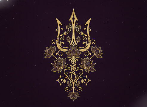 Golden trishul trident with lotus flowers for durga puja