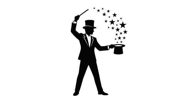 Silhouette of professional magician wearing top hat performing tricks with a magic wand and stars