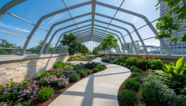 Modern botanical conservatory with lush indoor garden