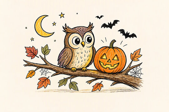 Adorable brown owl perched on a spooky tree branch with fallen autumn leaves and a glowing jack o lantern pumpkin at night halloween owl crescent moon flying bats