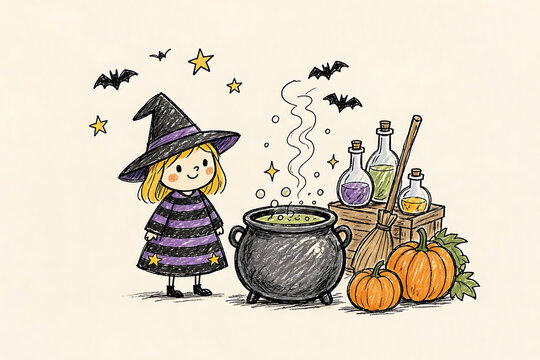 Cute witch child standing by a smoking cauldron filled with magic brew surrounded by pumpkins and bottles fairy tale halloween cauldron celebration seasonal