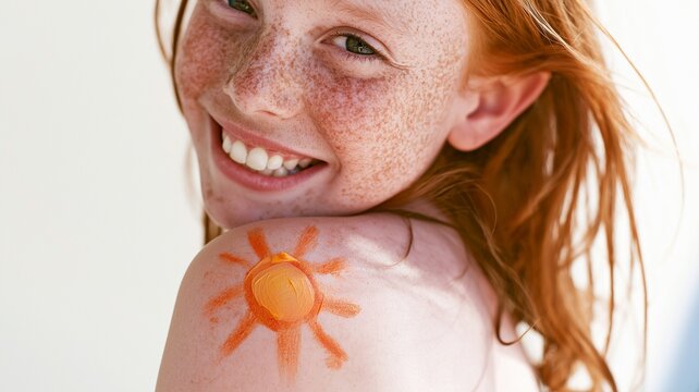 A freckled, happy girl wearing sunscreen and painting the sun on her shoulder