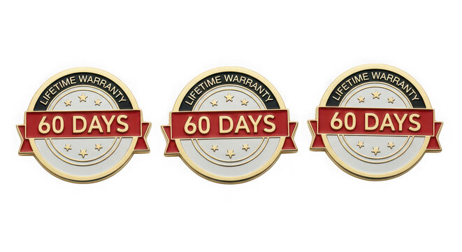 Three round 60 days warranty badges with red ribbon isolated on transparent background