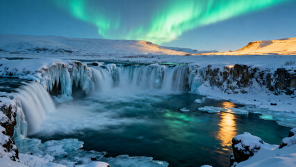 Fototapeta premium Snowy Icelandic mountains and waterfall beneath colorful northern lights