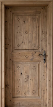 Natural Finish Panel Door with Vintage Handle and Patterned Paneling