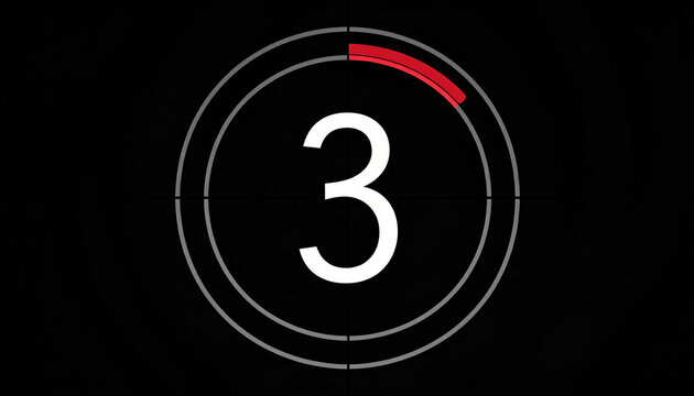 Vintage Film Countdown Timer with Number 3 Displayed on Black Background Classic Cinema Opening Sequence Graphic